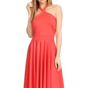 Coral Pleated Halter Dress